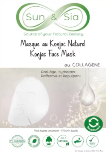 Masque en tissu réutilisable visage au Konjac naturel et Collagène Sun & Sia